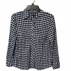 Talbots Women's Classic Navy White Gingham Button-Up Preppy Chic Blouse Size XS